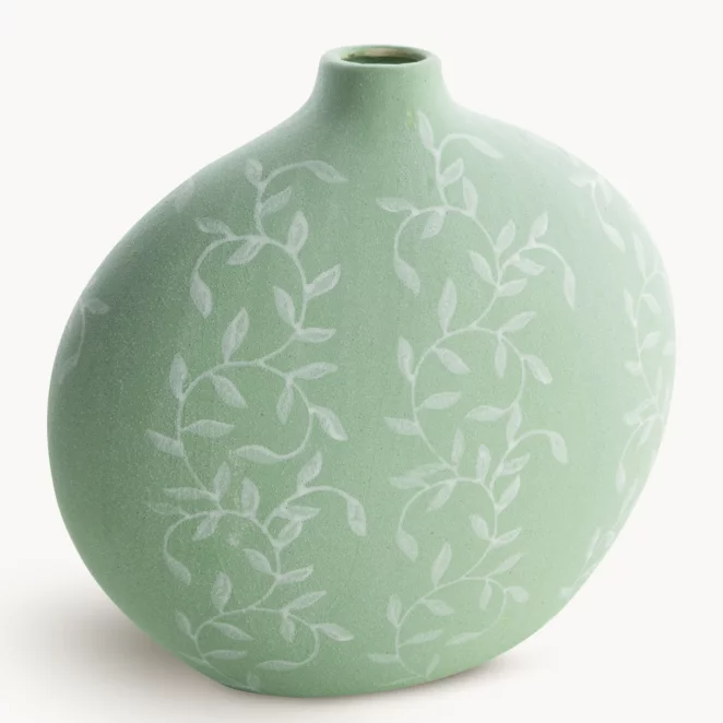 Wazon ceramiczny zielono-biały dekoracyjny matowy w drobne listeczki 29x15x28 cm FLORA - kolekcja FOREST SUMMER