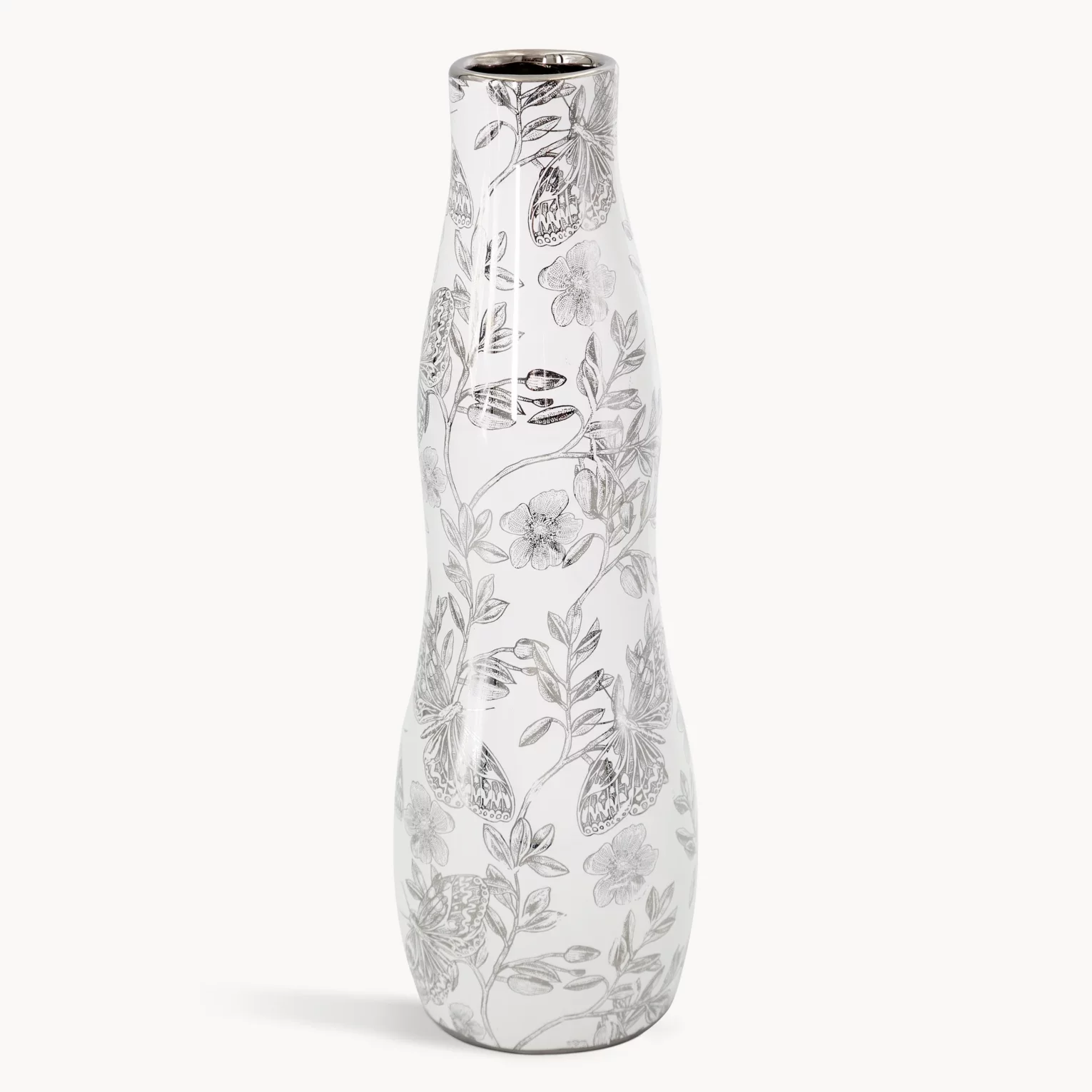 Wazon dekoracyjny biało, srebrny zdobiony roślinnym wzorem 11x35 cm RITA
