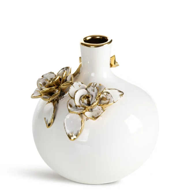 Wazon dekoracyjny biało, złoty zdobiony różami 3D 14x14x16 cm SARA