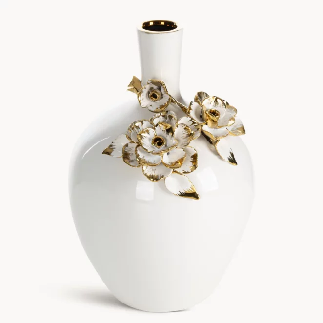 Wazon dekoracyjny biało, złoty zdobiony różami 3D  18x16x25 cm SARA