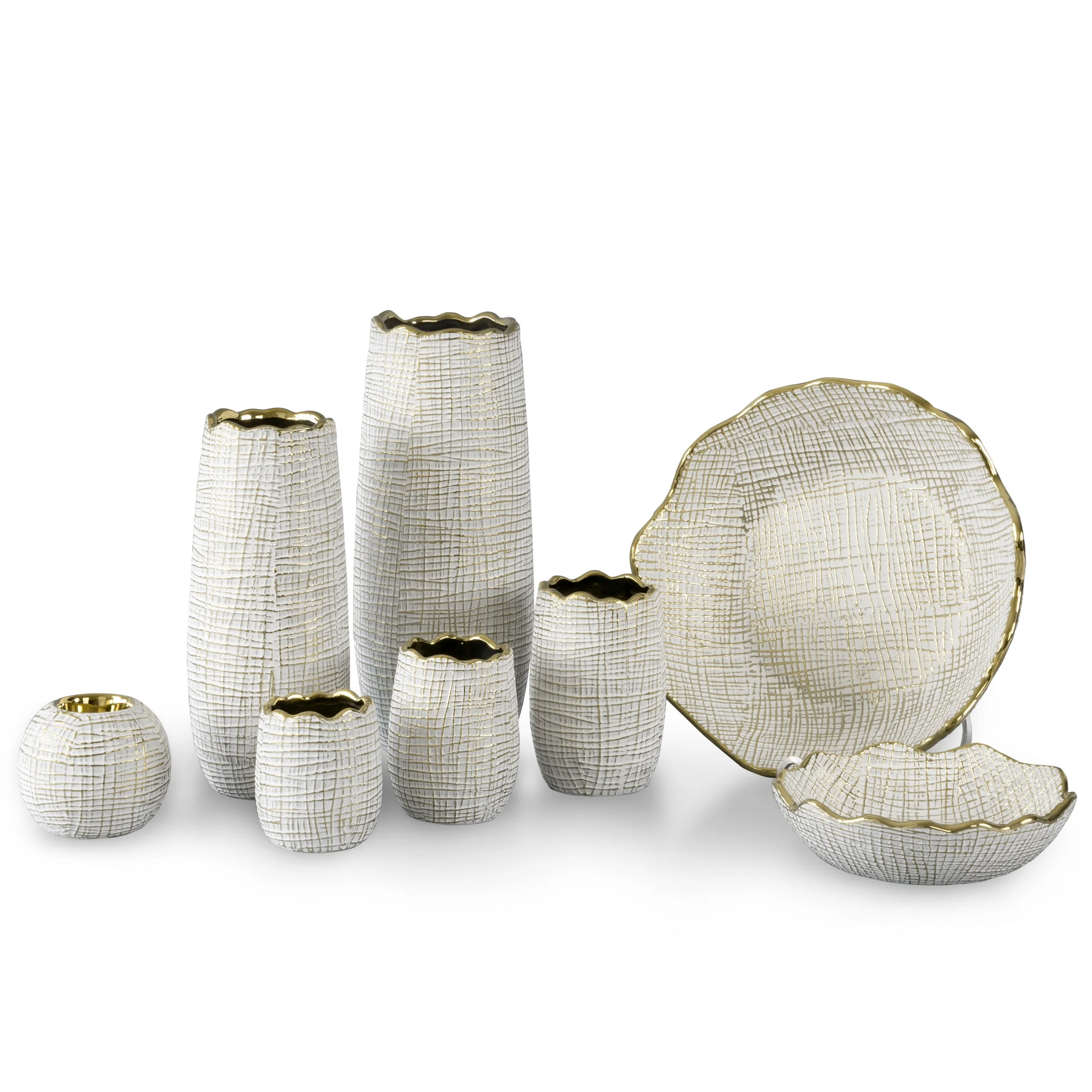 Wazon ceramiczny SELMA z wytłaczanym wzorem biało-złoty