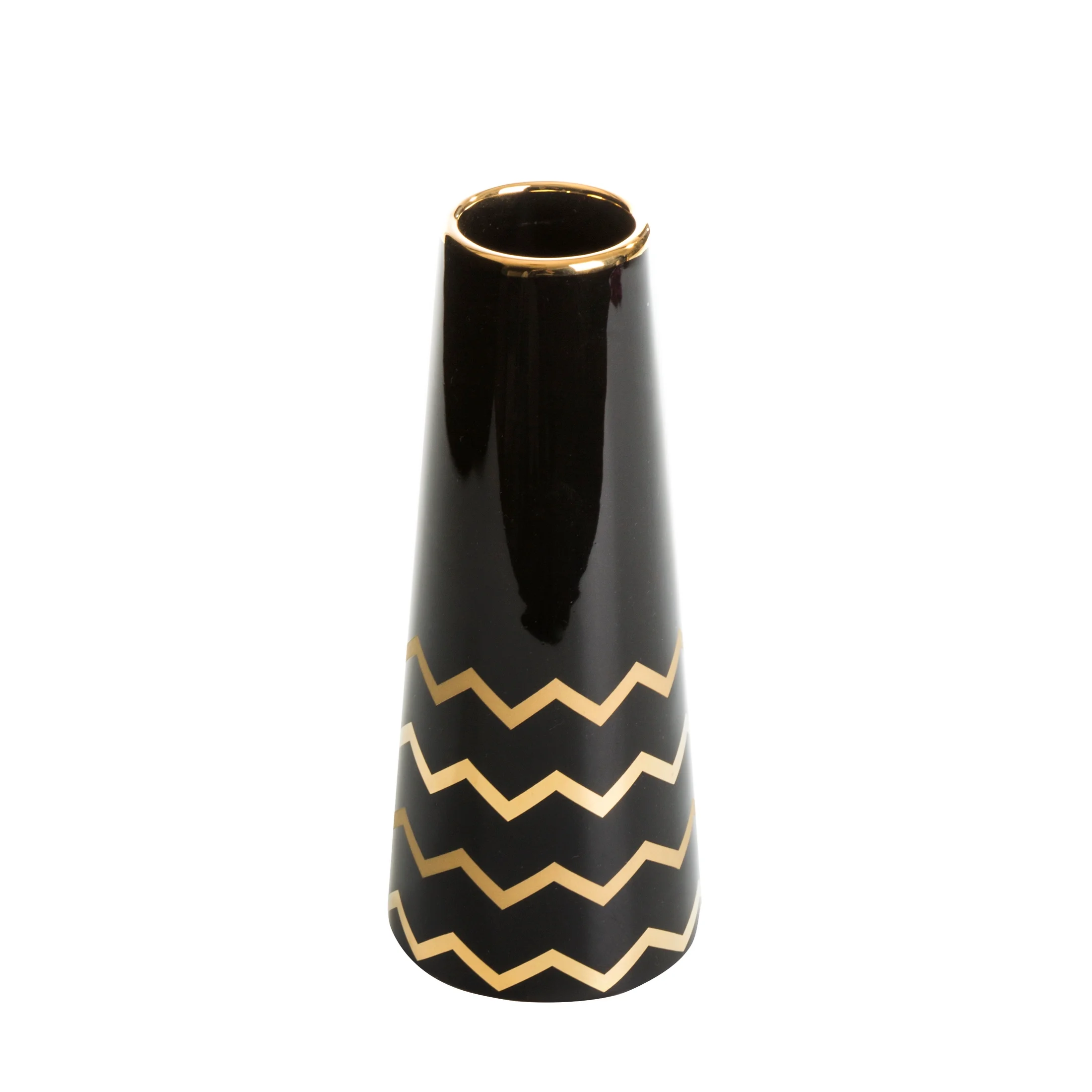 Wazon ceramiczny zdobiony geometrycznym wzorem, czarno-złoty