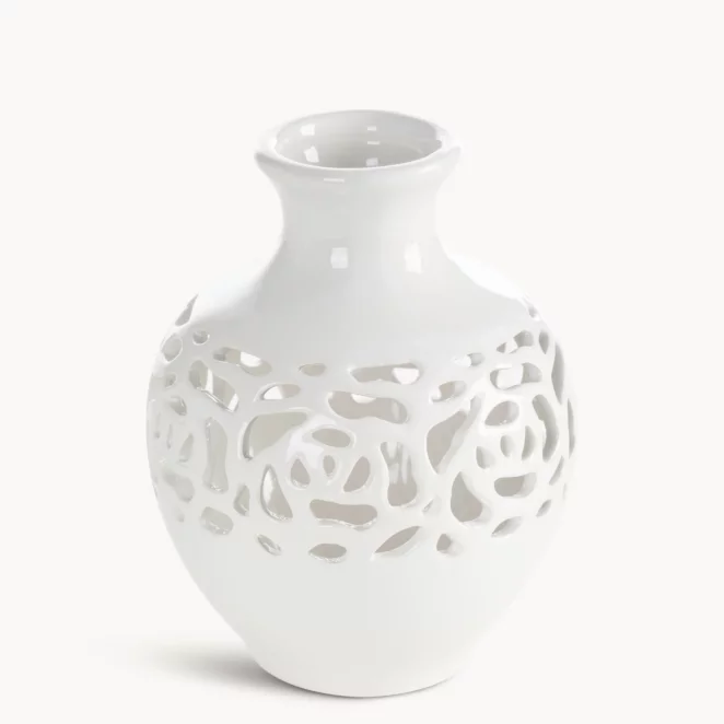 Wazon dekoracyjny kremowy wykończony ażurowym wzorem 14x18 cm CELIA