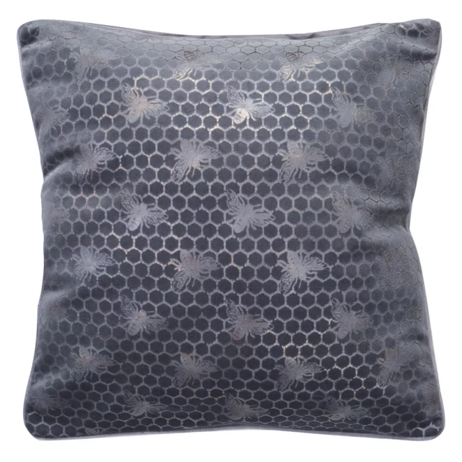 Poszewka na poduszkę 45x45 cm welwetowa ze srebrnym nadrukiem plastra miodu i pszczół VELVET 20 Eurofirany Premium