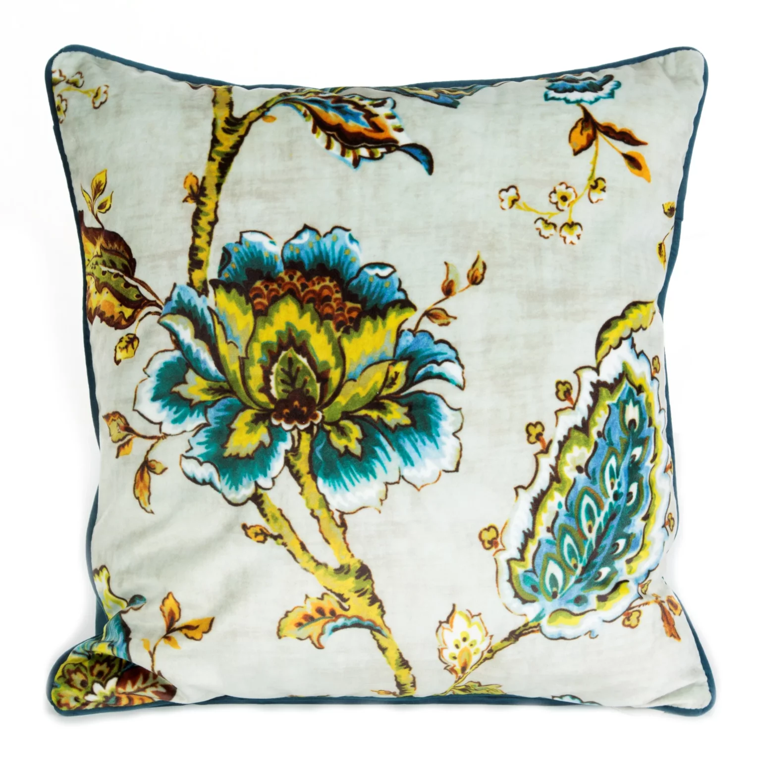 Poszewka na poduszkę 45x45 cm welwetowa, kremowo niebieska z motywem kwiatów inspirowanych stylem folk VELVET 18 Eurofirany Premium