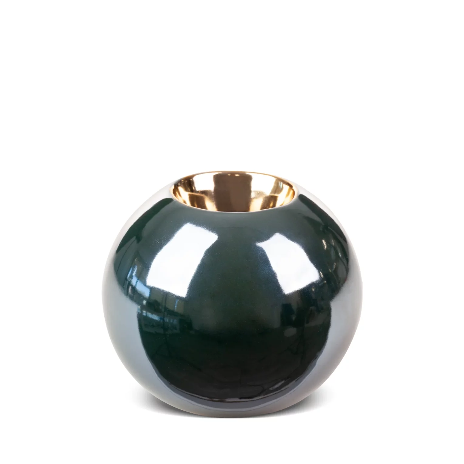 Świecznik ceramiczny zielono-złoty o lśniącej powierzchni, kulisty średnica 9x8 cm AMORA 2