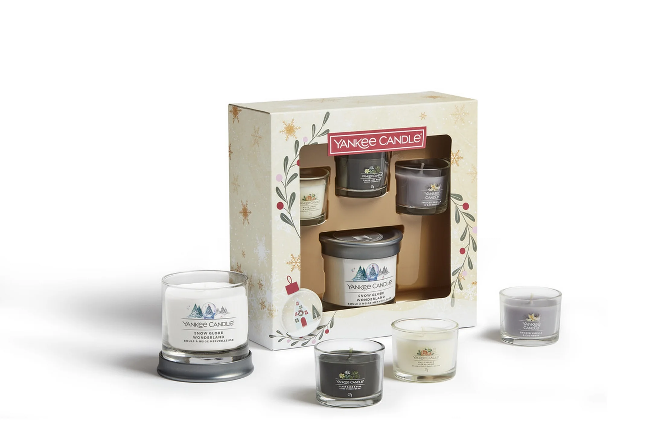 YANKEE CANDLE - zestaw SNOW GLOBE WONDERLAND na prezent 3 mini świece zapachowe+TUMBLER
