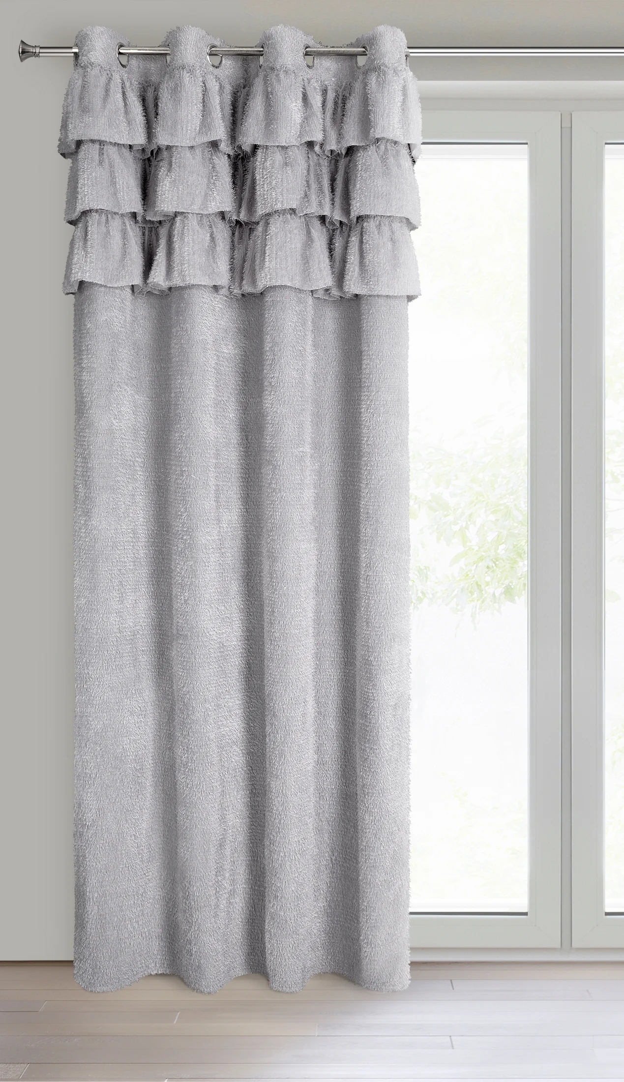 Zasłona srebrna zdobiona falbanami z moherowej tkaniny 140x250 cm przelotka - AGIS