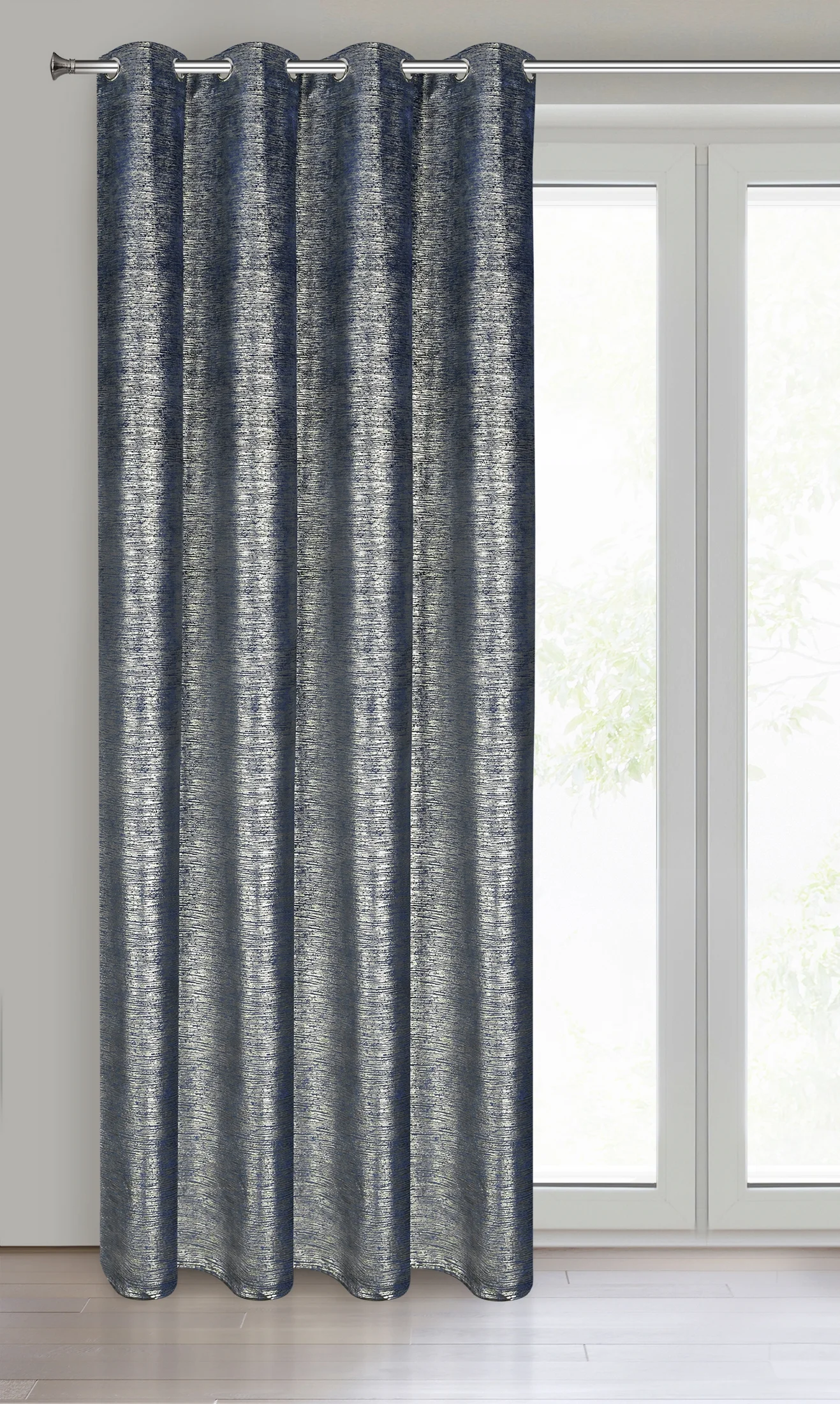 Zasłona welwetowa granatowa z prążkowanym złotym wzorem 140x250 cm przelotka - AMABEL