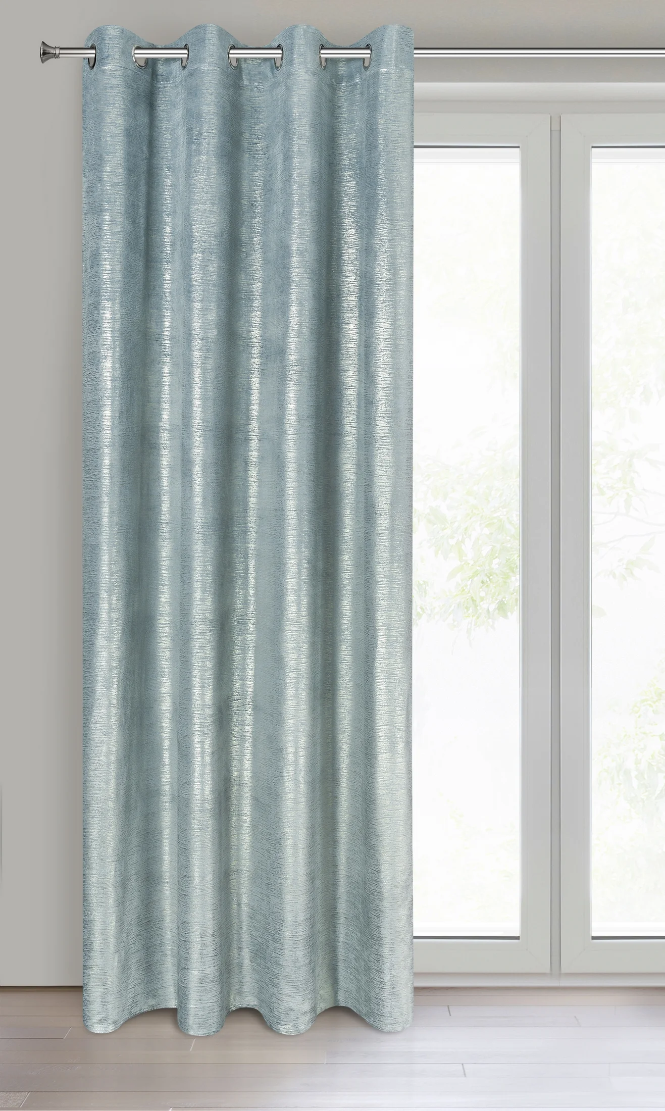 Zasłona welwetowa błękitna z prążkowanym złotym wzorem 140x250 cm przelotka - AMABEL