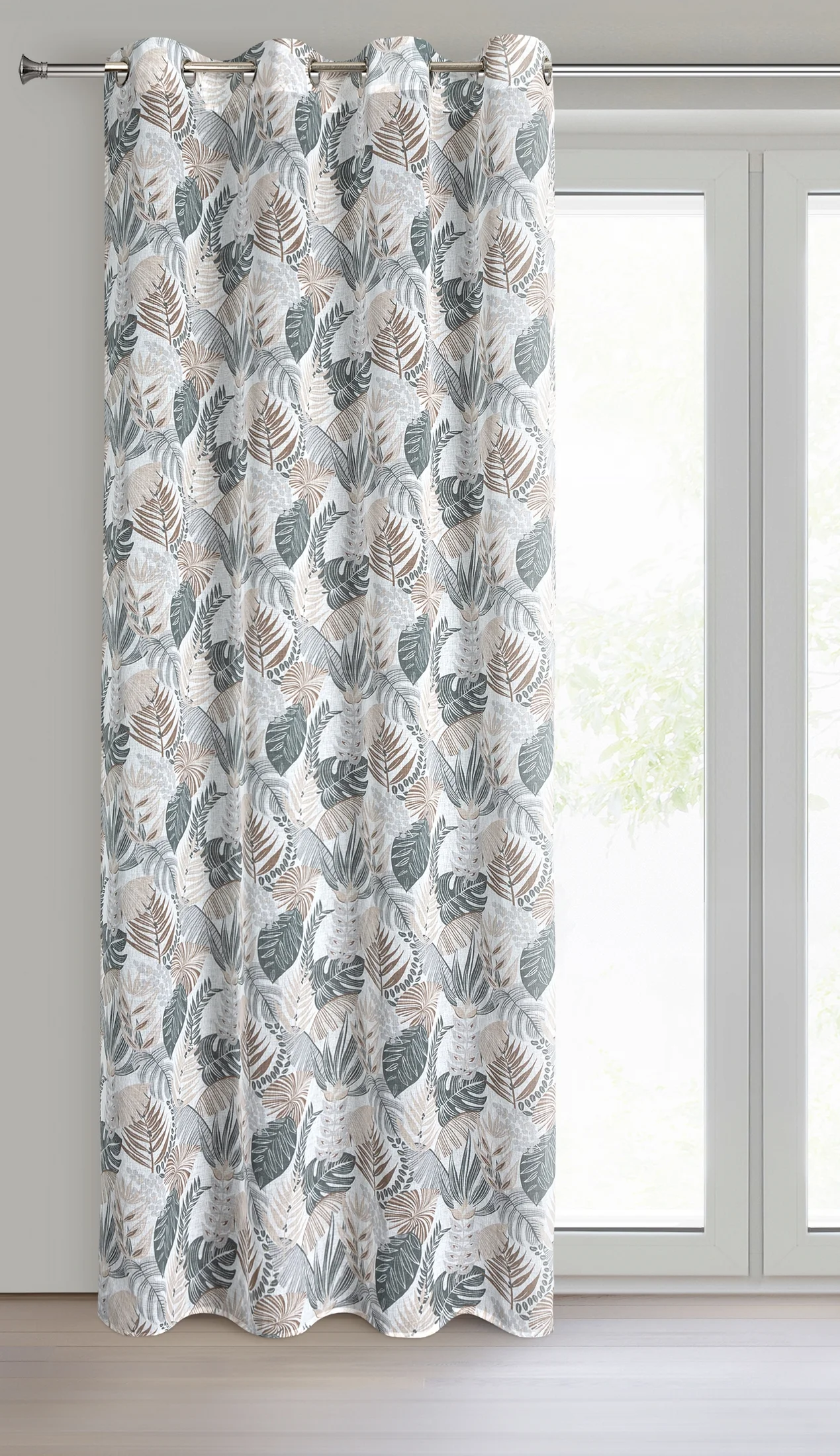 Zasłona biało, brązowa zdobiona nadrukiem liści z etaminy 140x250 cm przelotka - AMElA