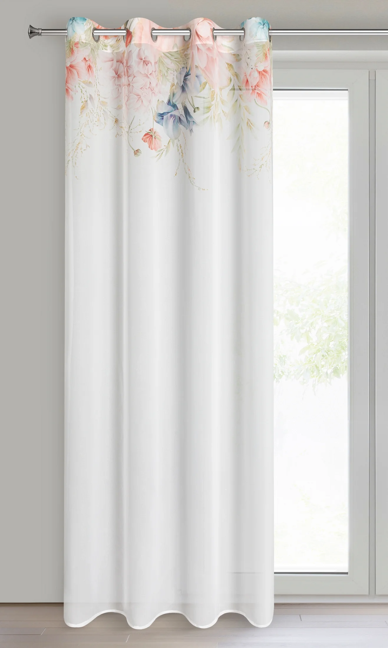 Zasłona biało, różowa zdobiona wzorem botanicznym z etaminy 135x250 przelotka - ARLENA