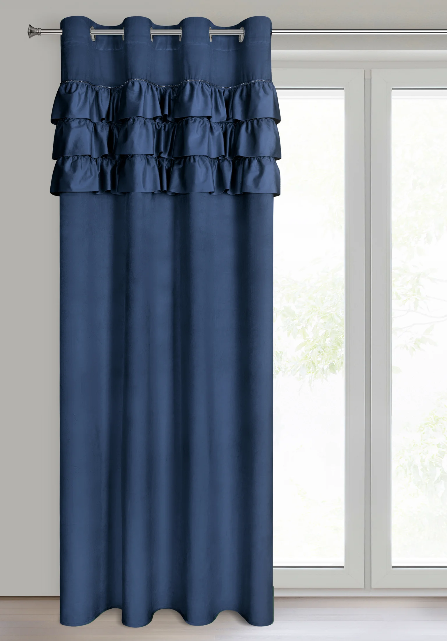 Zasłona welwetowa granatowa zdobiona falbanami 140x250 cm przelotka - SAMI