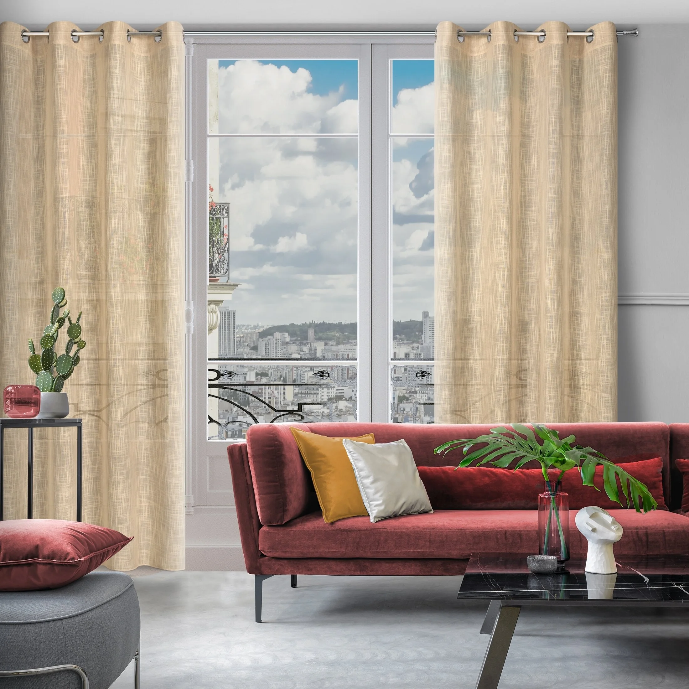 Zasłona beżowa o płóciennym splocie w stylu eko 140x250 cm przelotka - LIREN