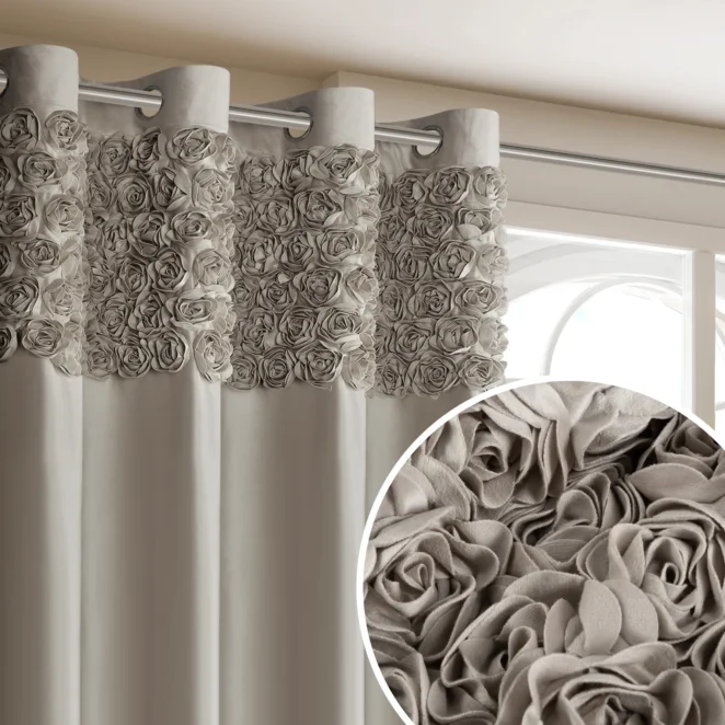 Zasłona beżowa z welwetu zdobiona aplikacją 3D róż 140x250 cm przelotka - ROSES Eva Minge