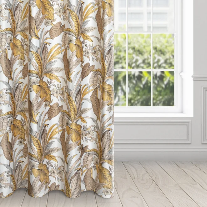 Zasłona beżowo, biała z wzorem egzotycznych liści 140x250 cm przelotka - BARI - Design 91