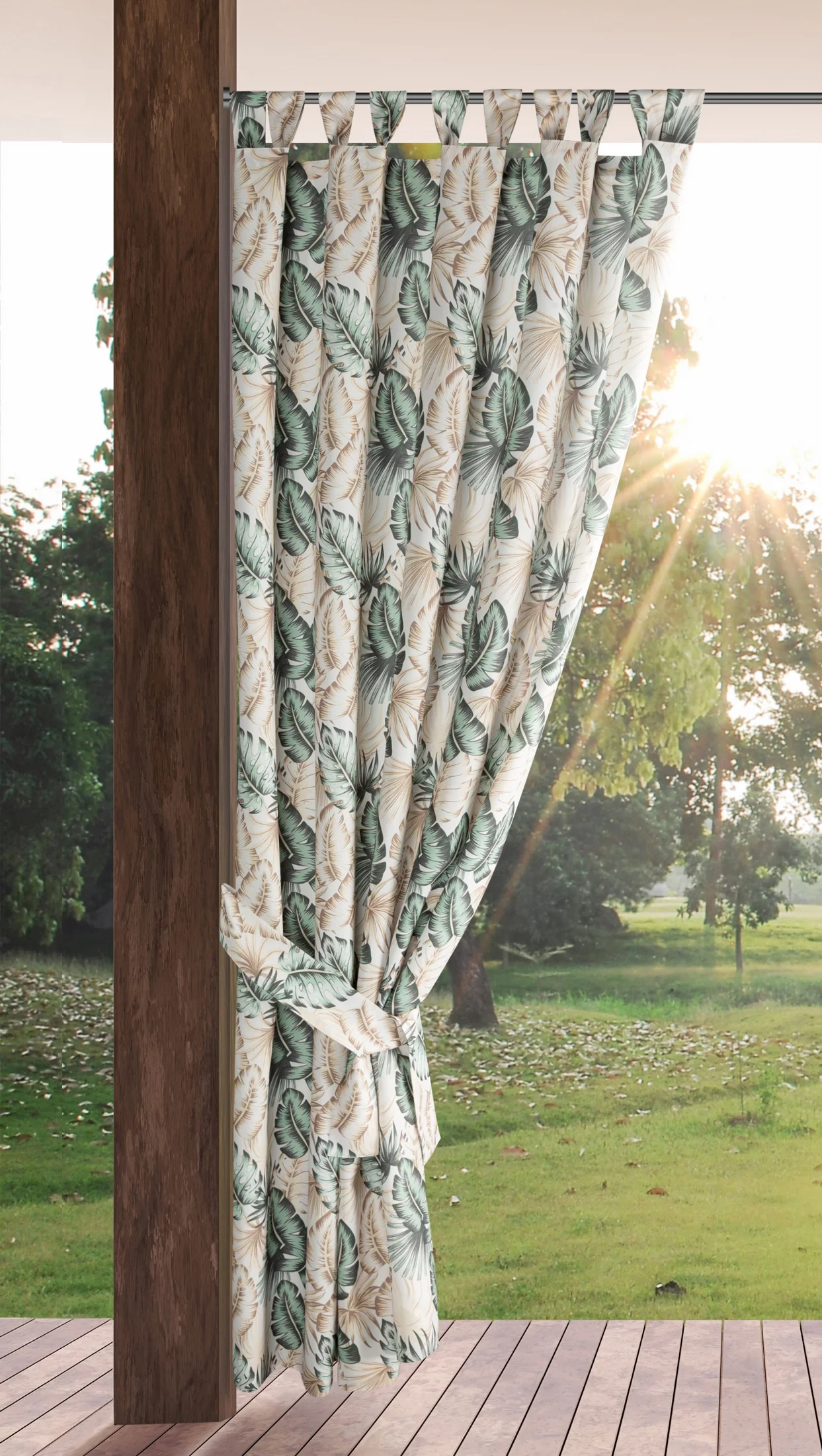 Zasłona beżowo, zielona z wodoodpornej tkaniny idealna do ogrodu i na taras 155x260 cm szelki/rzep - GARDEN