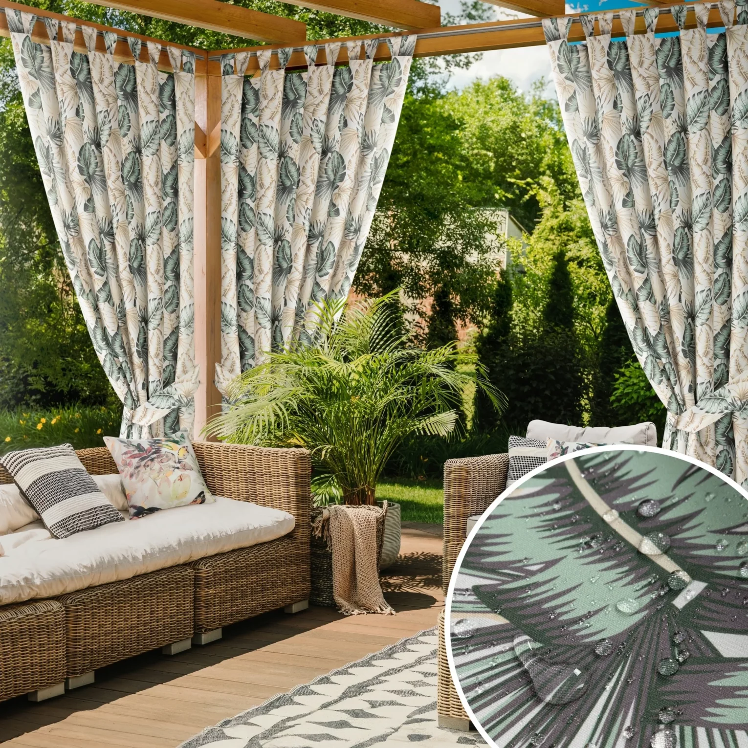 Zasłona beżowo, zielona z wodoodpornej tkaniny idealna do ogrodu i na taras 155x260 cm szelki/rzep - GARDEN