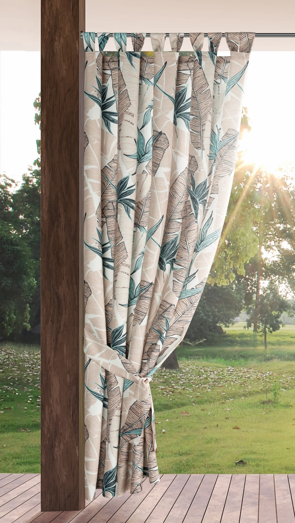 Zasłona beżowo, zielona z wodoodpornej tkaniny idealna do ogrodu i na taras 155x260 cm szelki/rzep - GARDEN