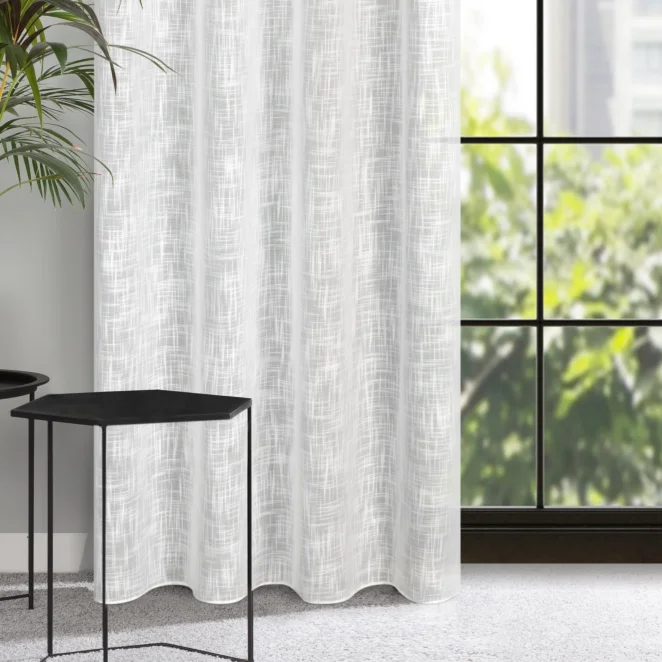 Zasłona biała o płóciennym splocie w stylu eko 140x270 cm taśma - LIREN
