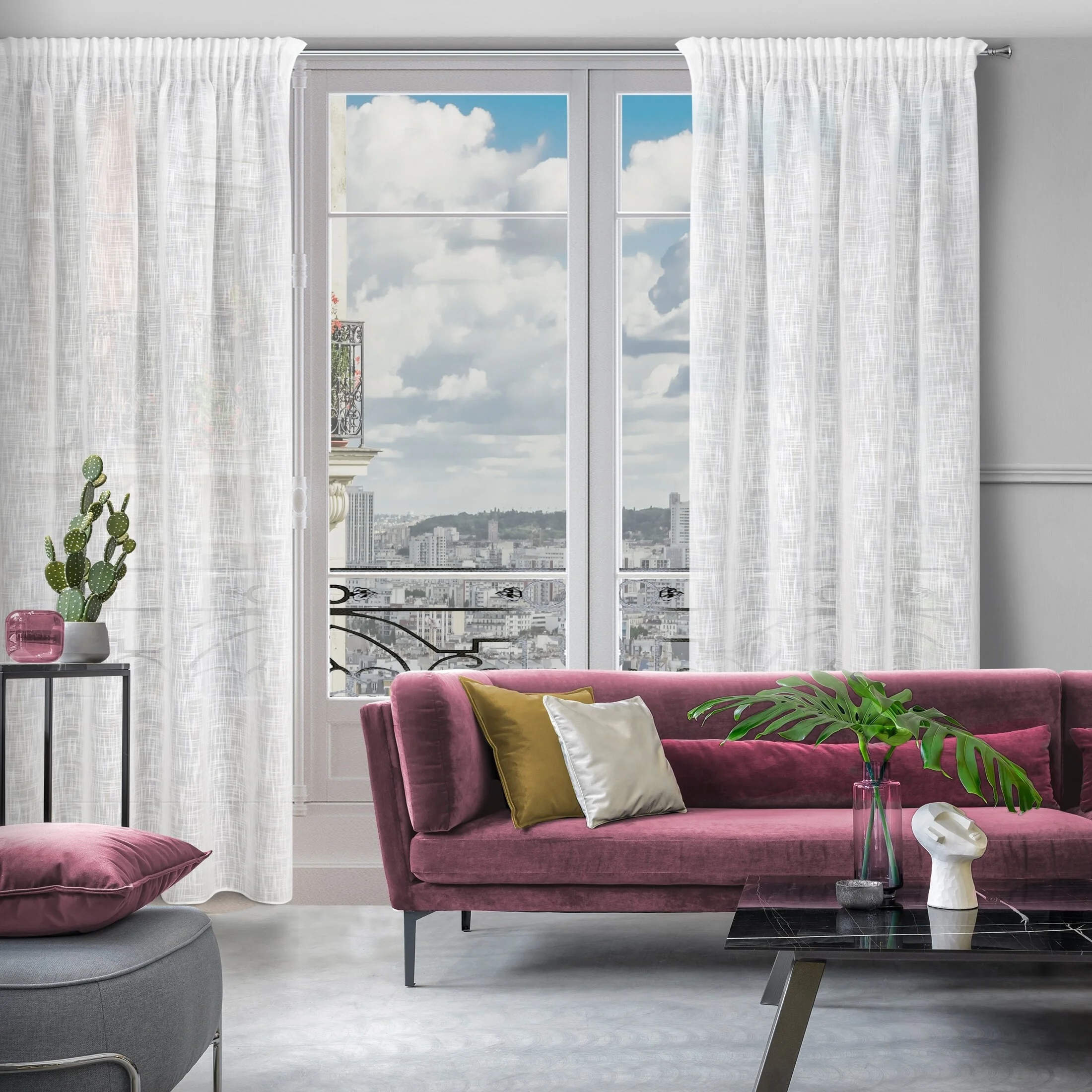 Zasłona biała o płóciennym splocie w stylu eko 140x270 cm taśma - LIREN