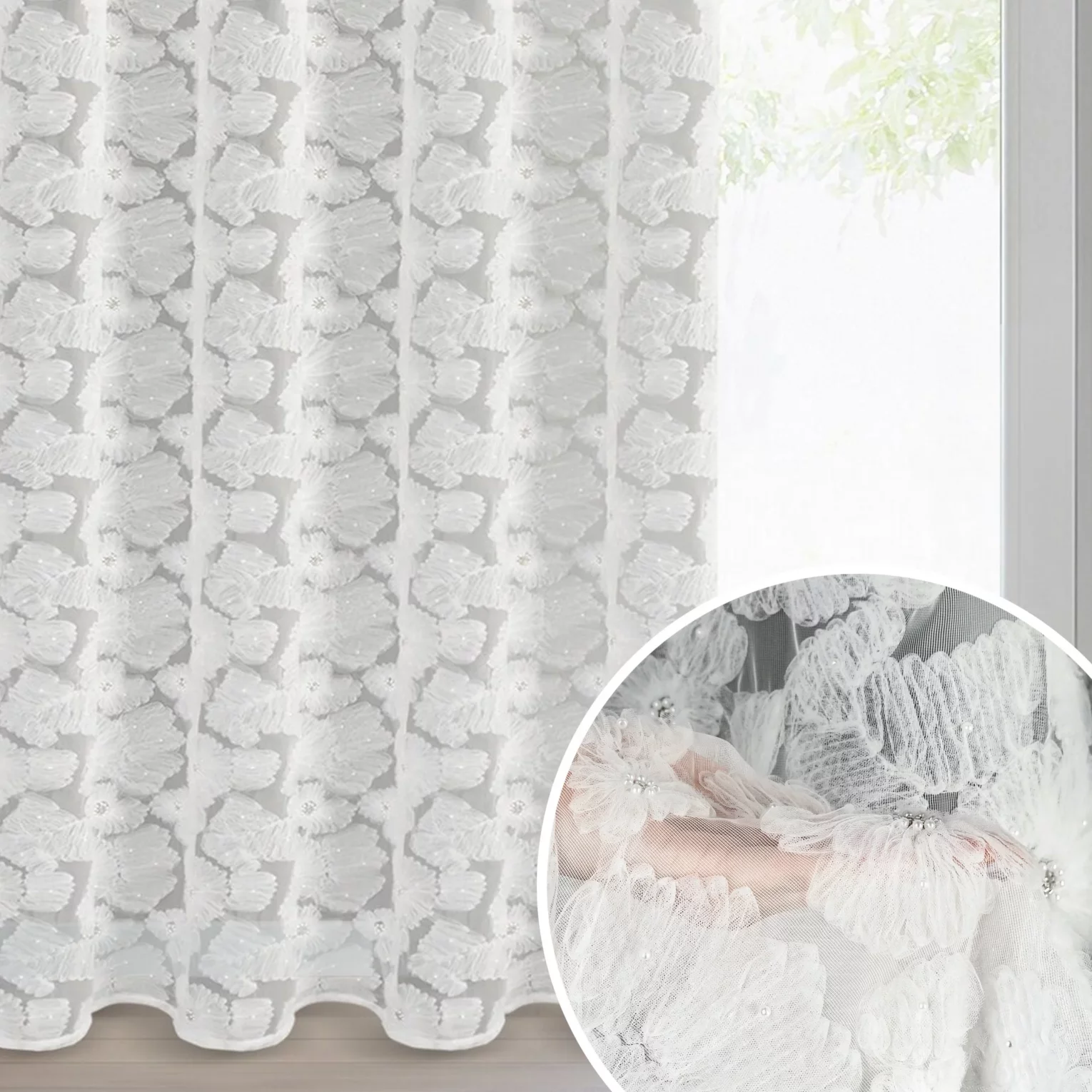 Zasłona biała z siateczki zdobiona kwiatami z dodatkiem drobnych perełek 3D 140x250 cm przelotka - JASMIN Eva Minge