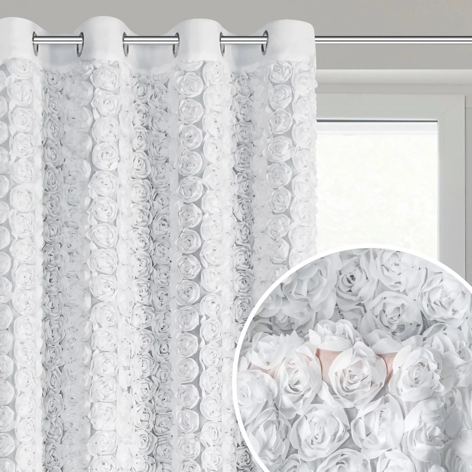 Zasłona biała z szyfonu zdobiona różami 3D 140x250 cm przelotka - ROSES Eva Minge