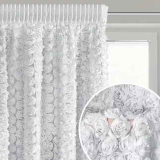 Zasłona biała z szyfonu zdobiona różami 3D 140x270 cm taśma - ROSES Eva Minge