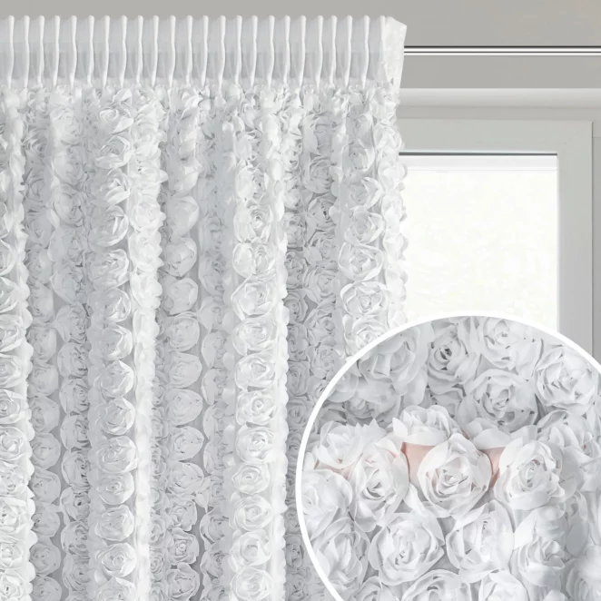Zasłona biała z szyfonu zdobiona różami 3D 140x270 cm taśma - ROSES Eva Minge