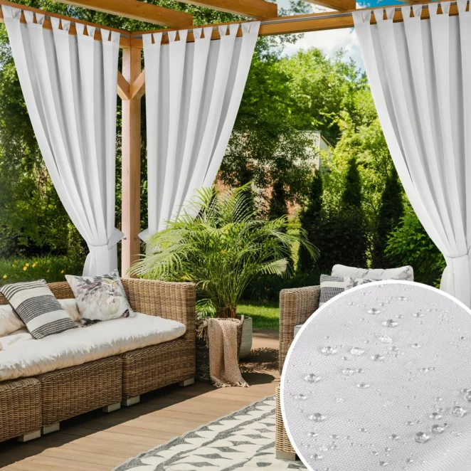 Zasłona biała z wodoodpornej tkaniny idealna do ogrodu i na taras 155x220 cm szelki/rzep GARDEN 2