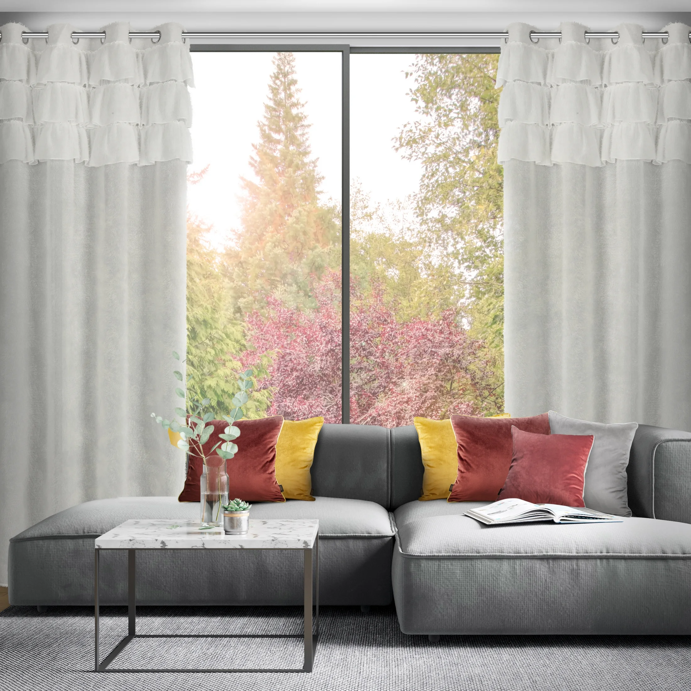 Zasłona biała zdobiona falbanami z moherowej tkaniny 140x250 cm przelotka - AGIS