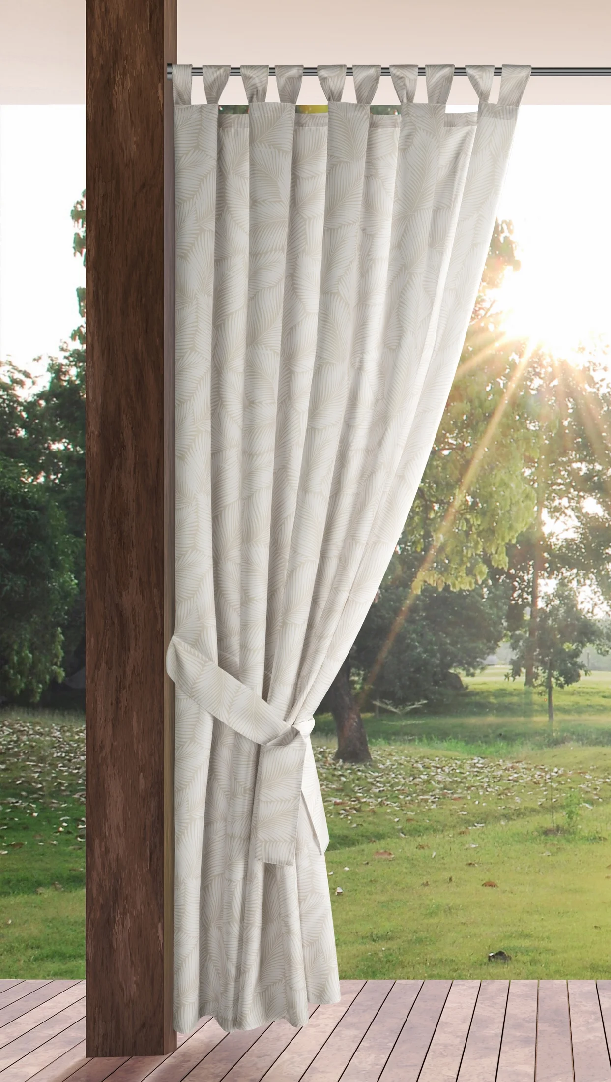 Zasłona biało, beżowa z wodoodpornej tkaniny idealna do ogrodu i na taras 155x240 cm szelki/rzep - GARDEN