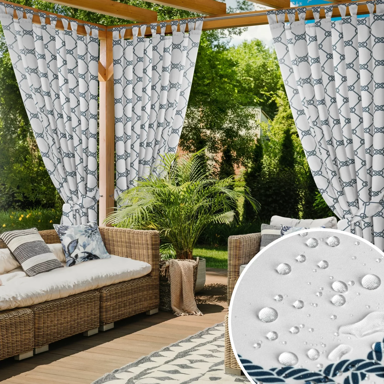 Zasłona biało, granatowa z wodoodpornej tkaniny idealna do ogrodu i na taras 155x200 cm szelki/rzep - GARDEN