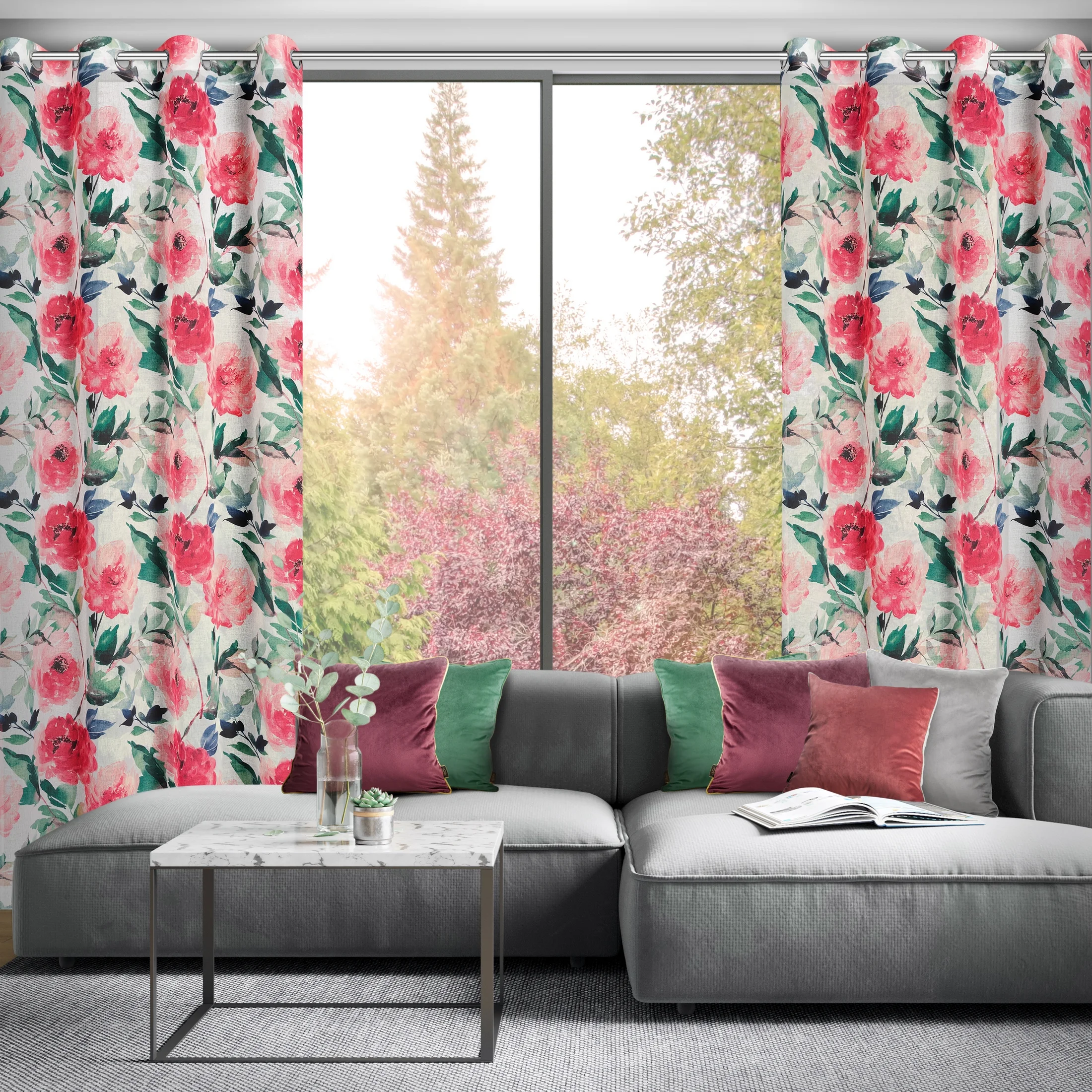 Zasłona biało, różowa z nadrukiem kwiatów z etaminy 140x250 cm przelotka ALESIA