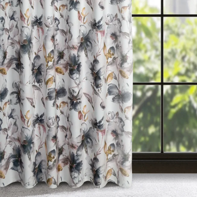 Zasłona biało, stalowa z wyrazistym splotem we wzór kwiatowy 140x270 taśma /szelki - NIKA