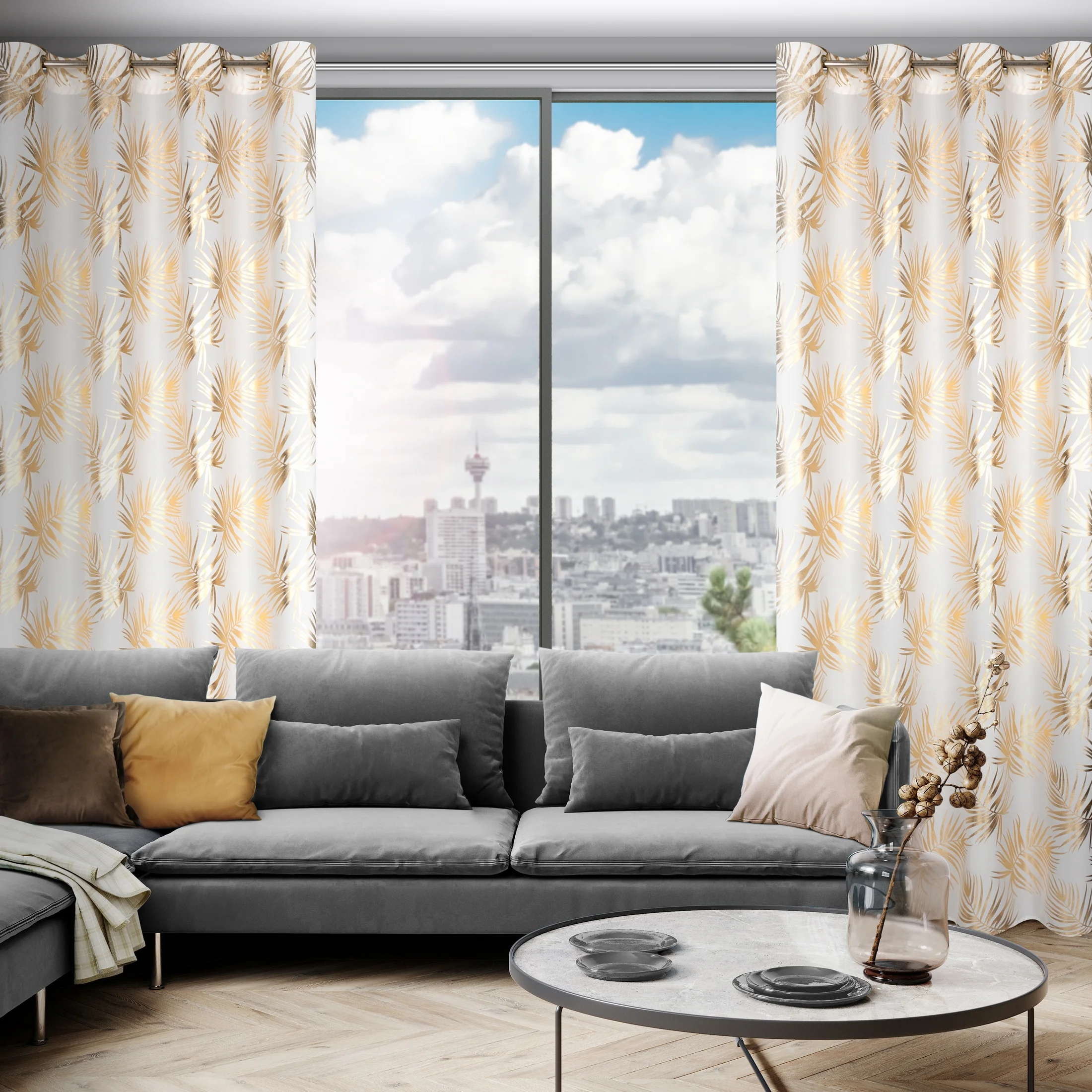 Zasłona biało, szampańska zdobiona nadrukiem liści z lekkiej tkaniny 140x250 cm przelotka RENI