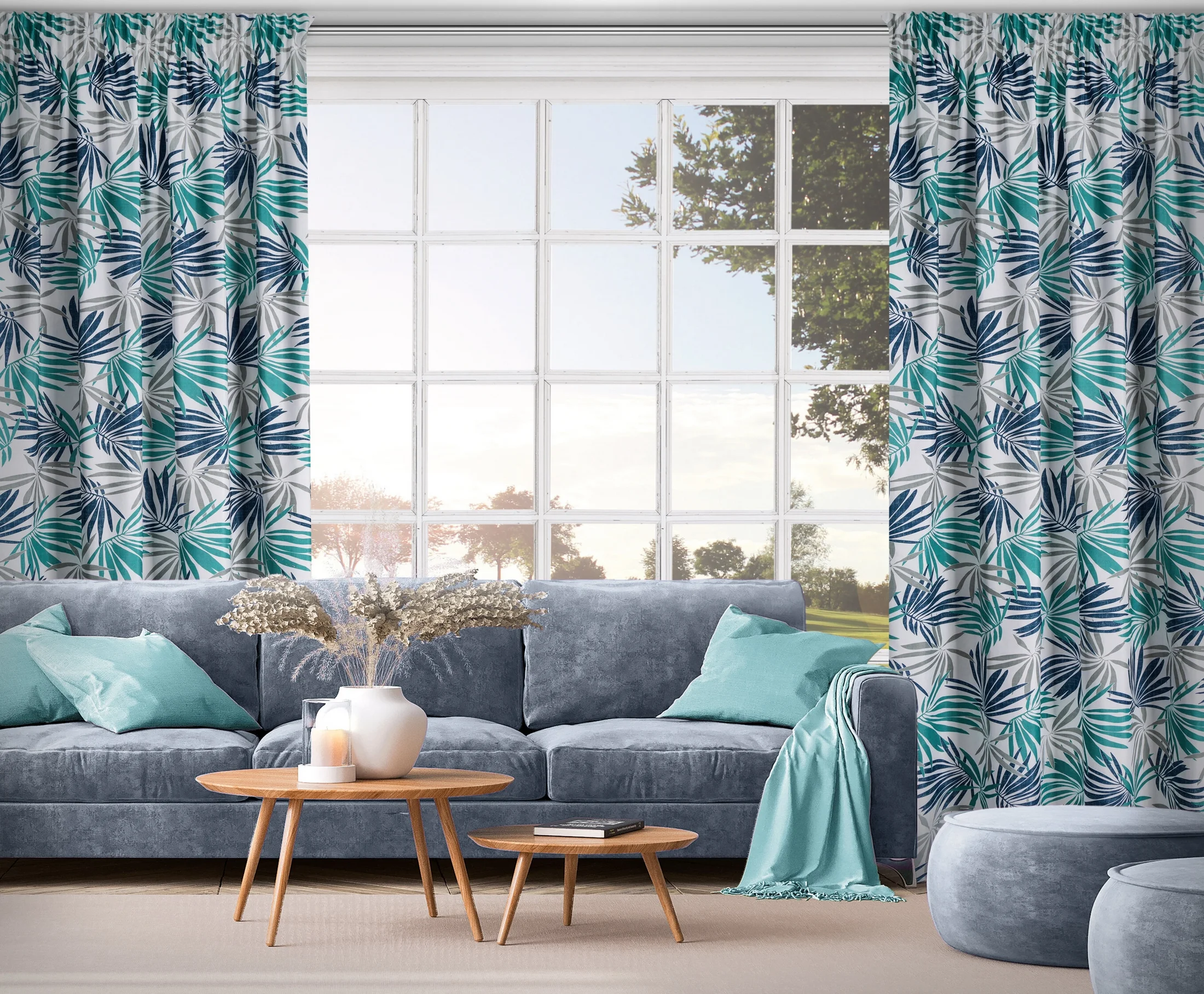 Zasłona biało, turkusowa we wzór liści 140x270 cm taśma - ELINA - Design 91