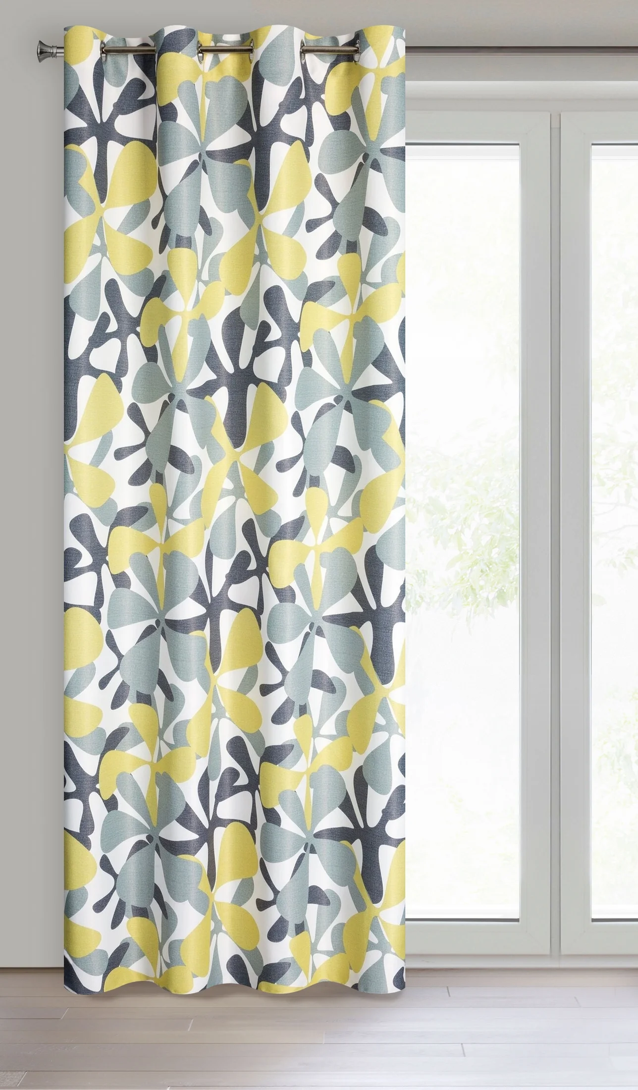 Zasłona biało, żółta w graficzny wzór kwiatów 140x250 cm przelotka - DORIN - Design 91