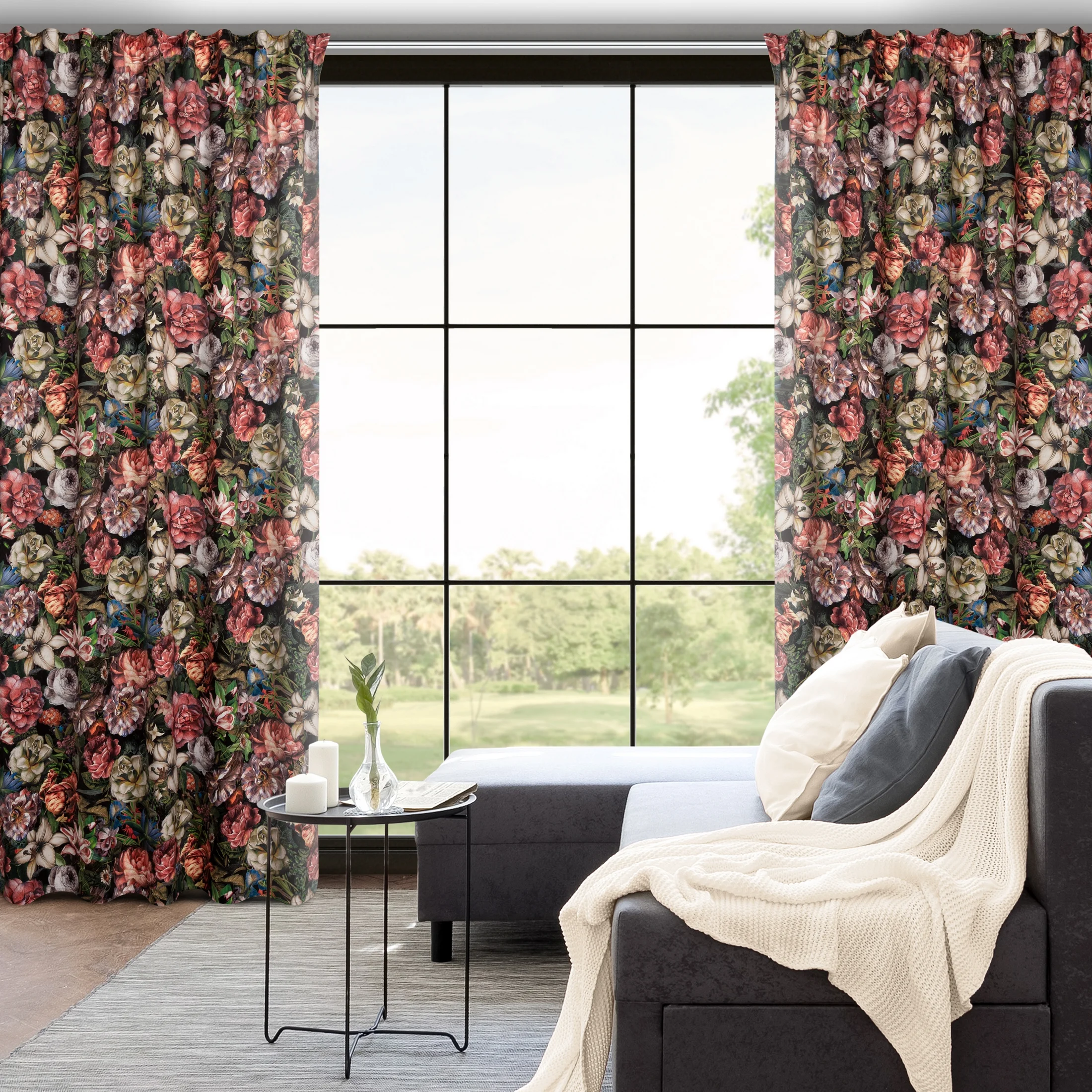 Zasłona bordowo, zielona ze wzorem kwiatowym z welwetu 140x270 cm taśma /szelki - PEONIA