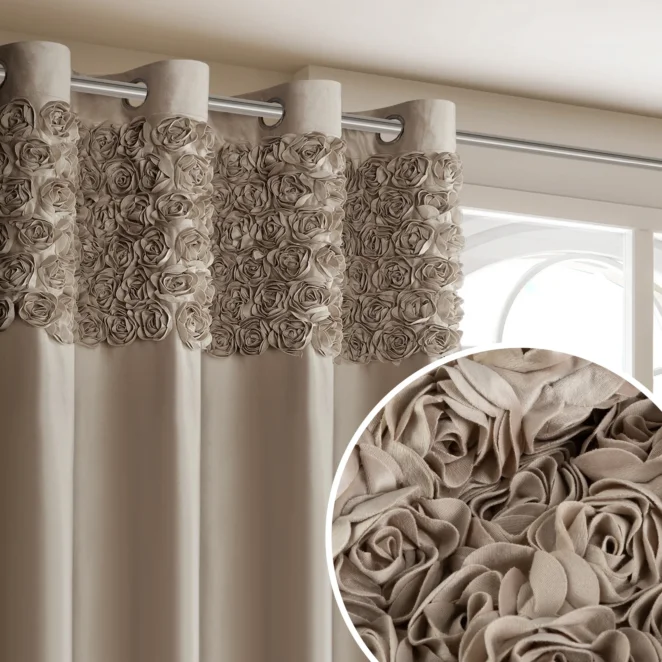 Zasłona ciemnobeżowa z welwetu zdobiona aplikacją 3D róż 140x250 cm  przelotka - ROSES Eva Minge