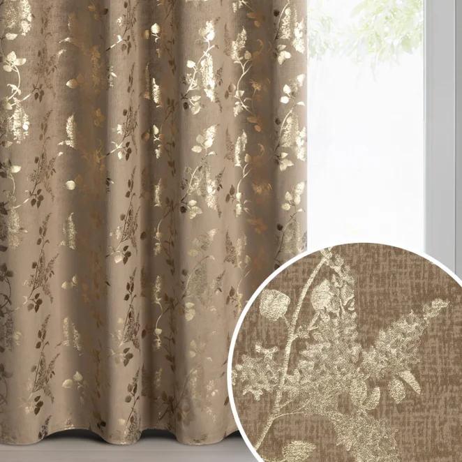 Zasłona ciemnobeżowo-szampańska welwetowa zdobiona roślinnym motywem  135x250 cm złota przelotka - HILARY
