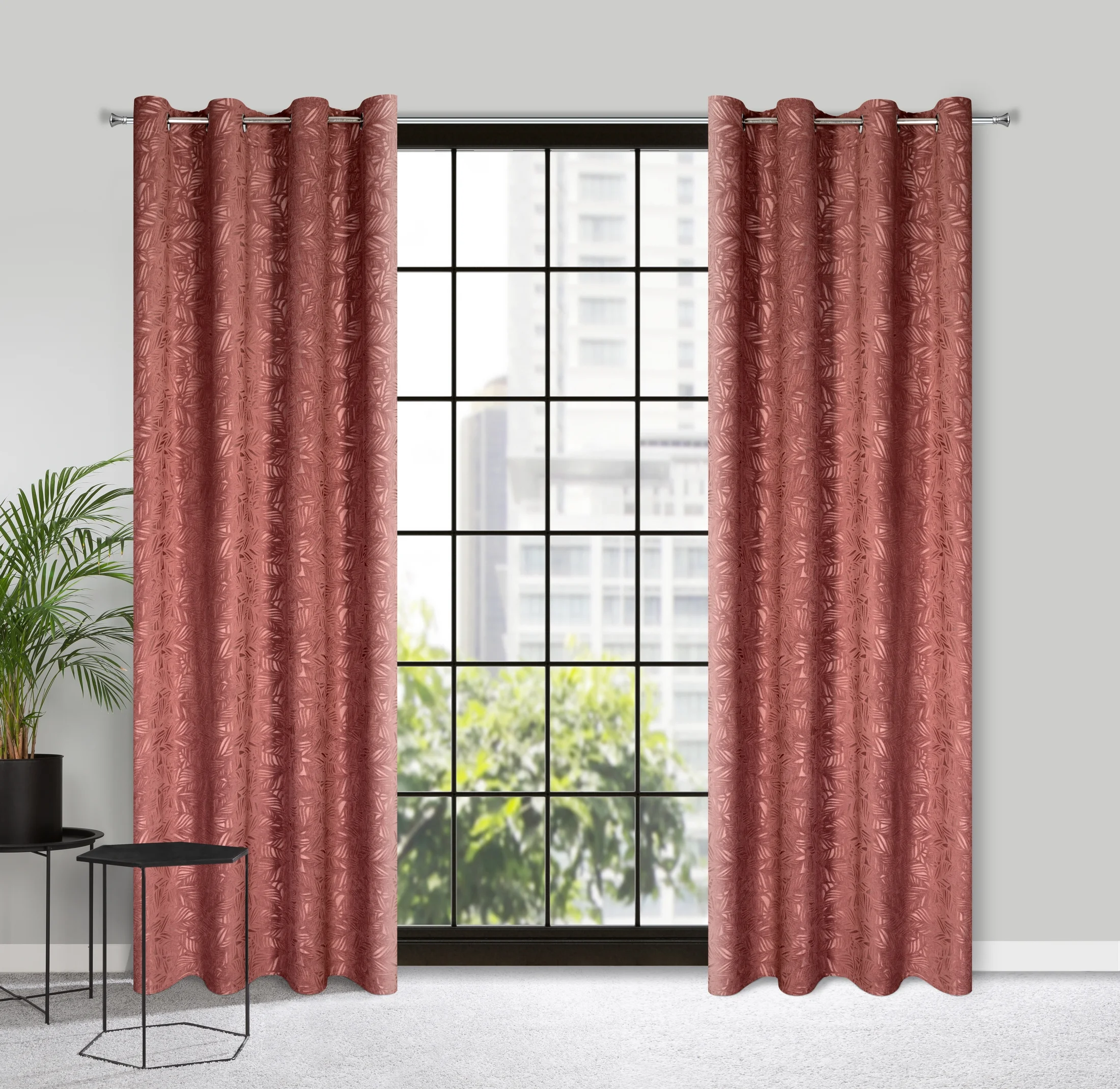 Zasłona ciemnoróżowa z welwetu wytłaczanego w liście 140x250 cm przelotka - OCTAVIA
