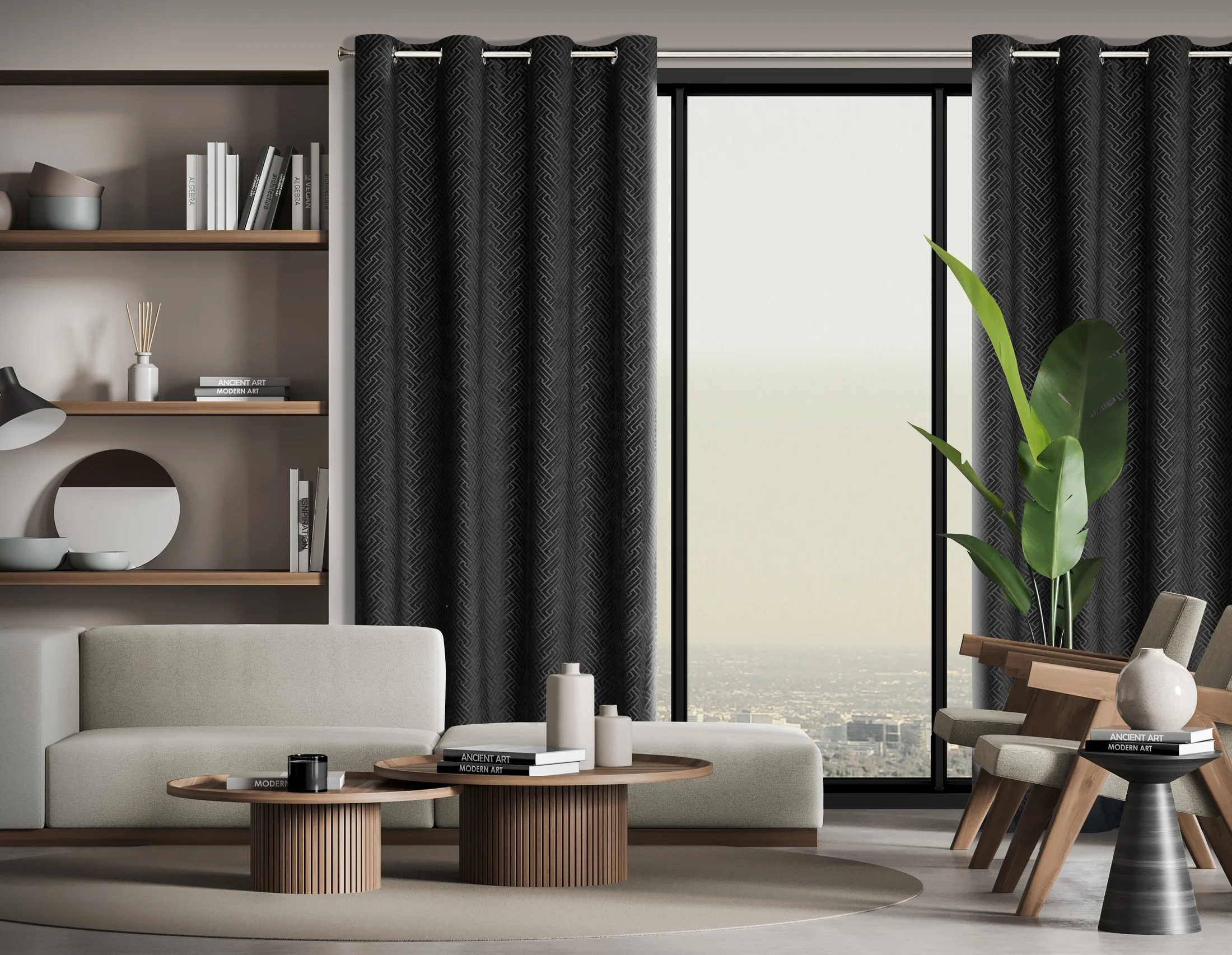 Zasłona czarna z żakardowym geometrycznym wzorem z matowego welwetu 140x250 cm przelotka - ISLA