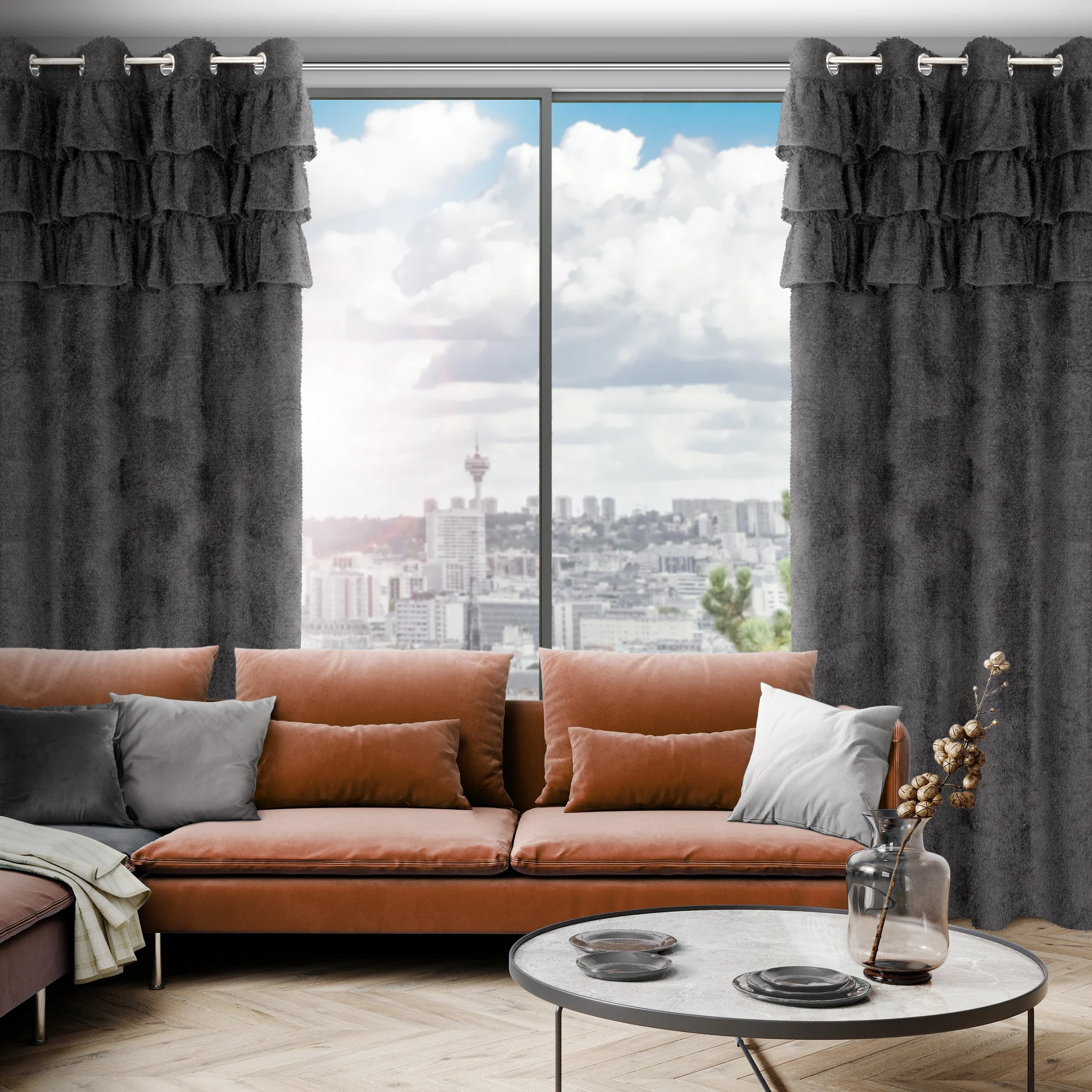 Zasłona czarna zdobiona falbanami z moherowej tkaniny 140x250 cm przelotka - AGIS