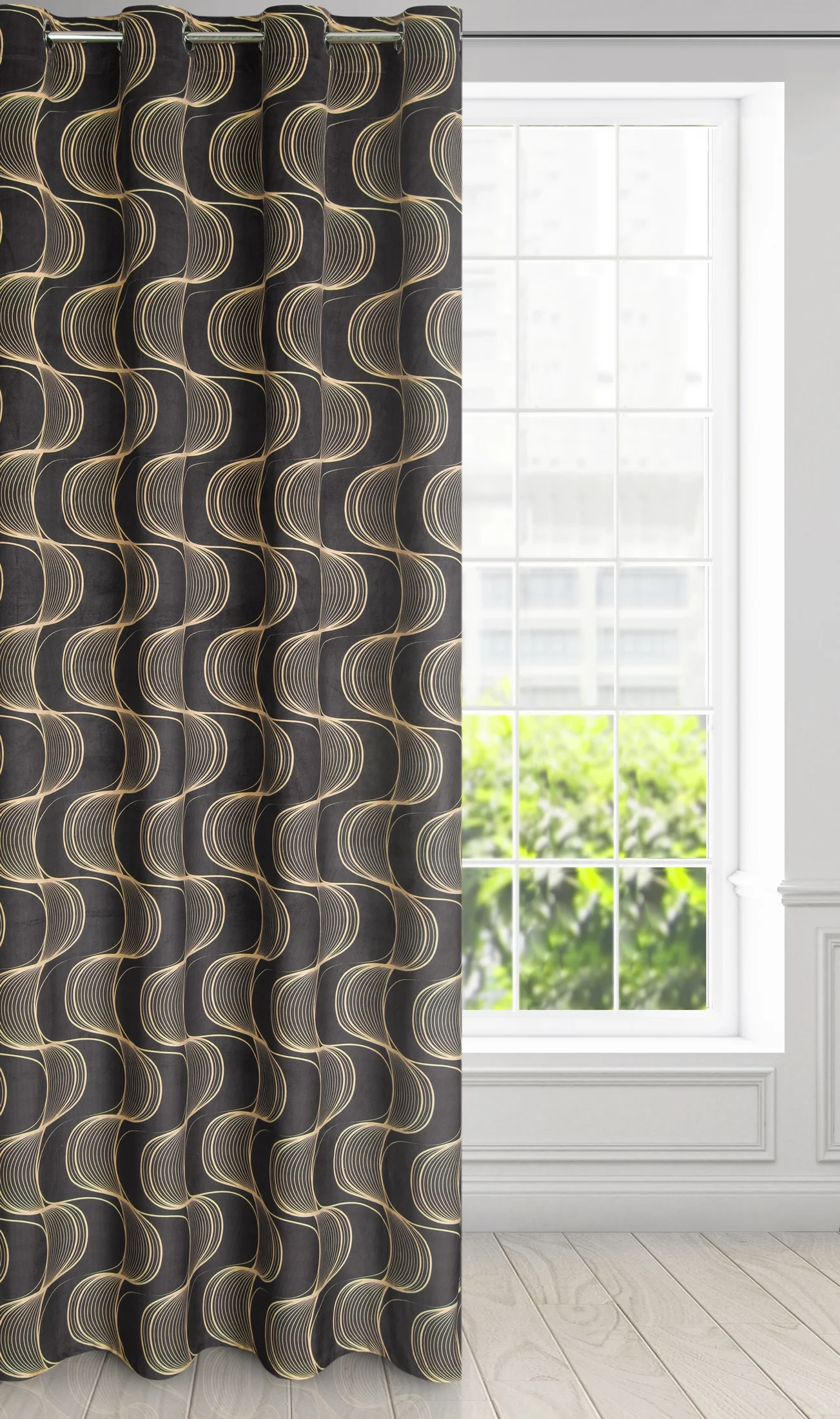 Zasłona czarno, beżowa z wzorem pionowych fal, z welwetu 140x250 cm przelotka - POLA