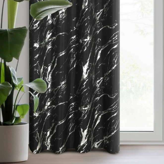 Zasłona czarno, srebrzysta zdobiona nadrukiem marmurku 140x250 cm przelotka LANI