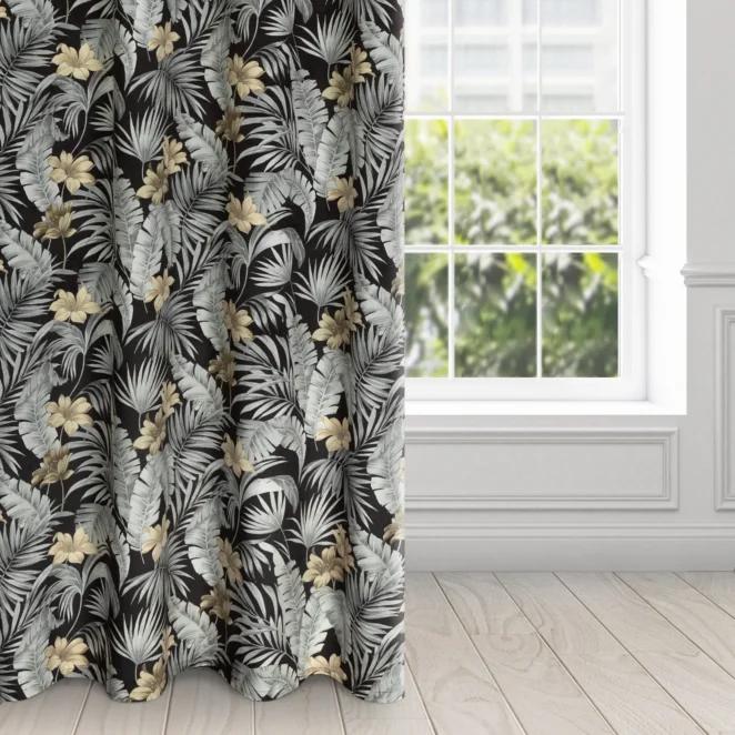 Zasłona czarno, stalowa zdobiona wzorem botanicznym z welwetu 140x250 cm przelotka - LOREN