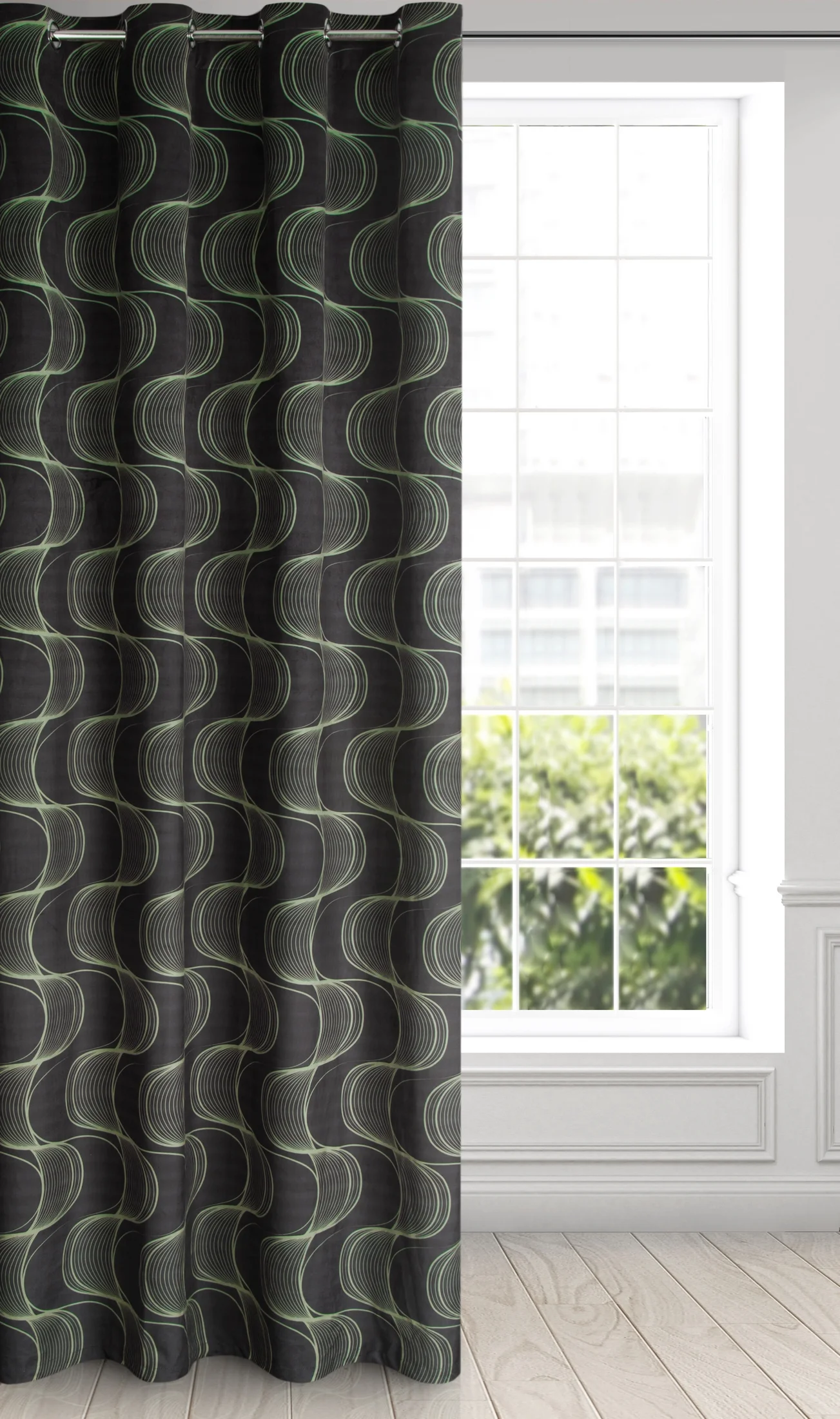 Zasłona czarno, zielona z wzorem pionowych fal, z welwetu 140x250 cm przelotka - POLA