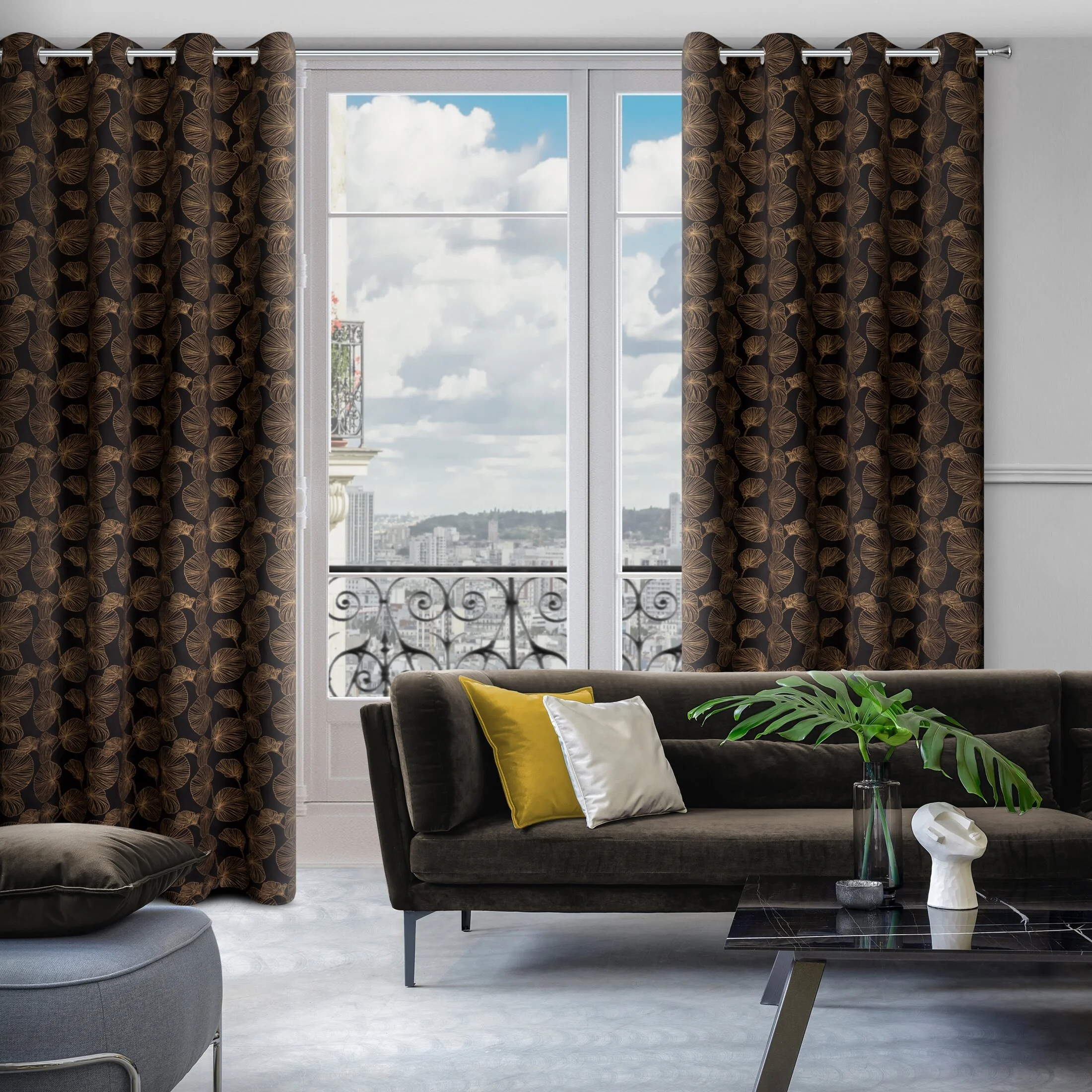 Zasłona czarno, złota ze wzorem liści, zaciemniająca 140x250 cm przelotka - MARIGOLD