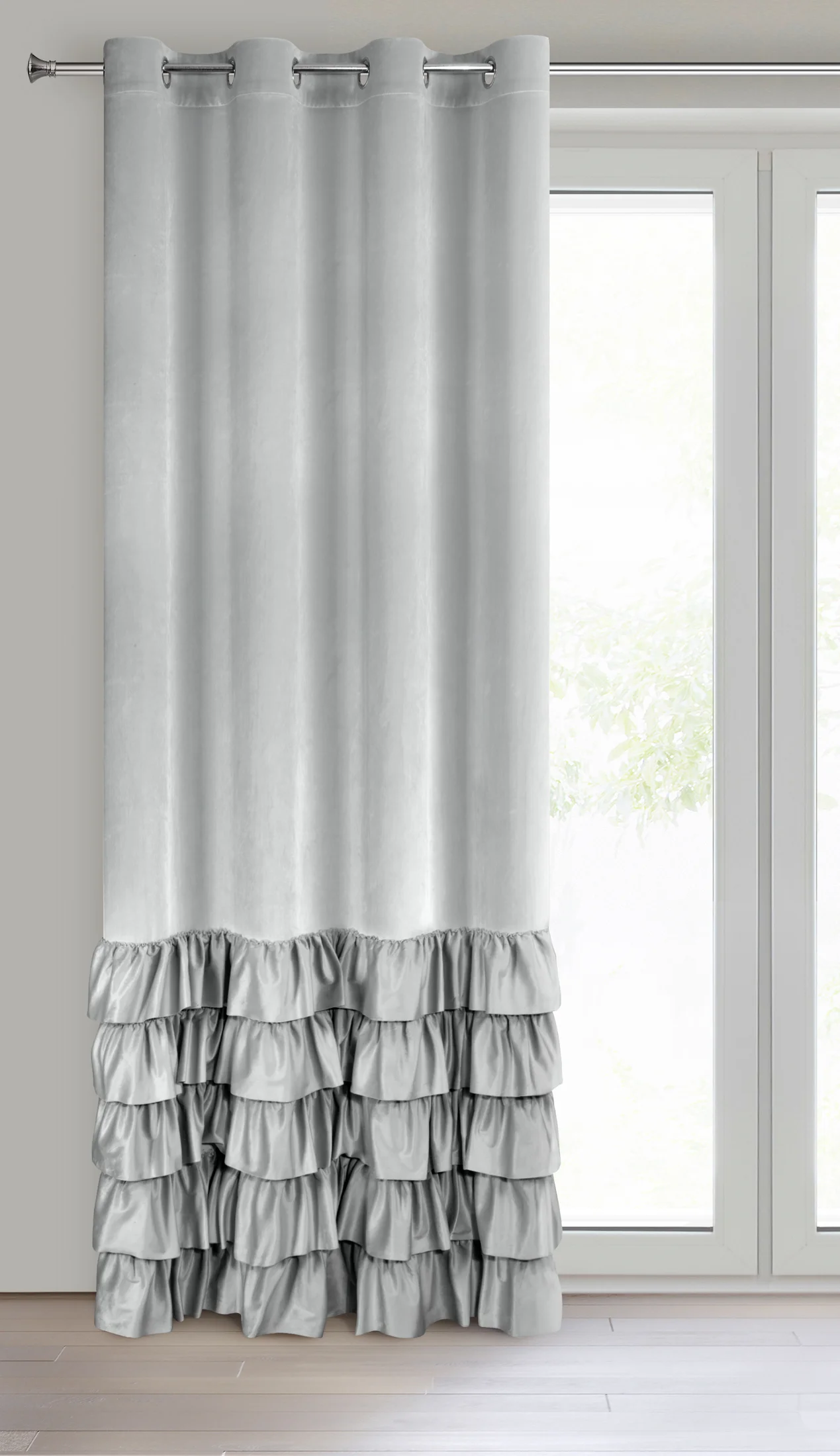 Zasłona welwetowa srebrna zdobiona falbanami 140x250 cm przelotka - DANI